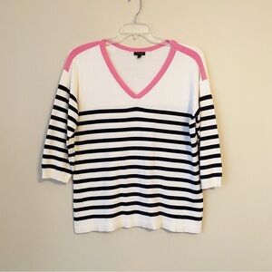 Talbots V Neck Stripe 3/4 Sleeve Pink, Black and Ivory Sweater - Large